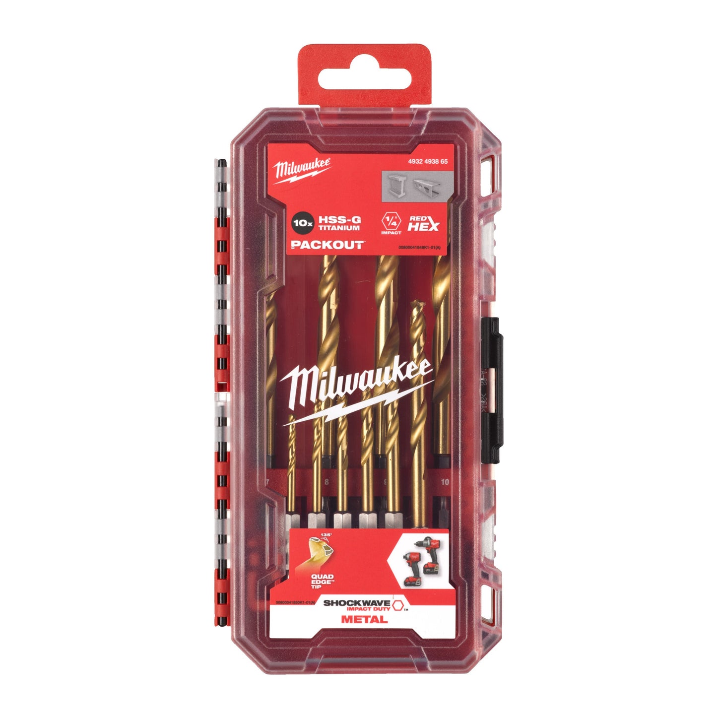 Milwaukee Shockwave HSS-G TiN Red Hex - Coffret de forets métal, 10 pièces