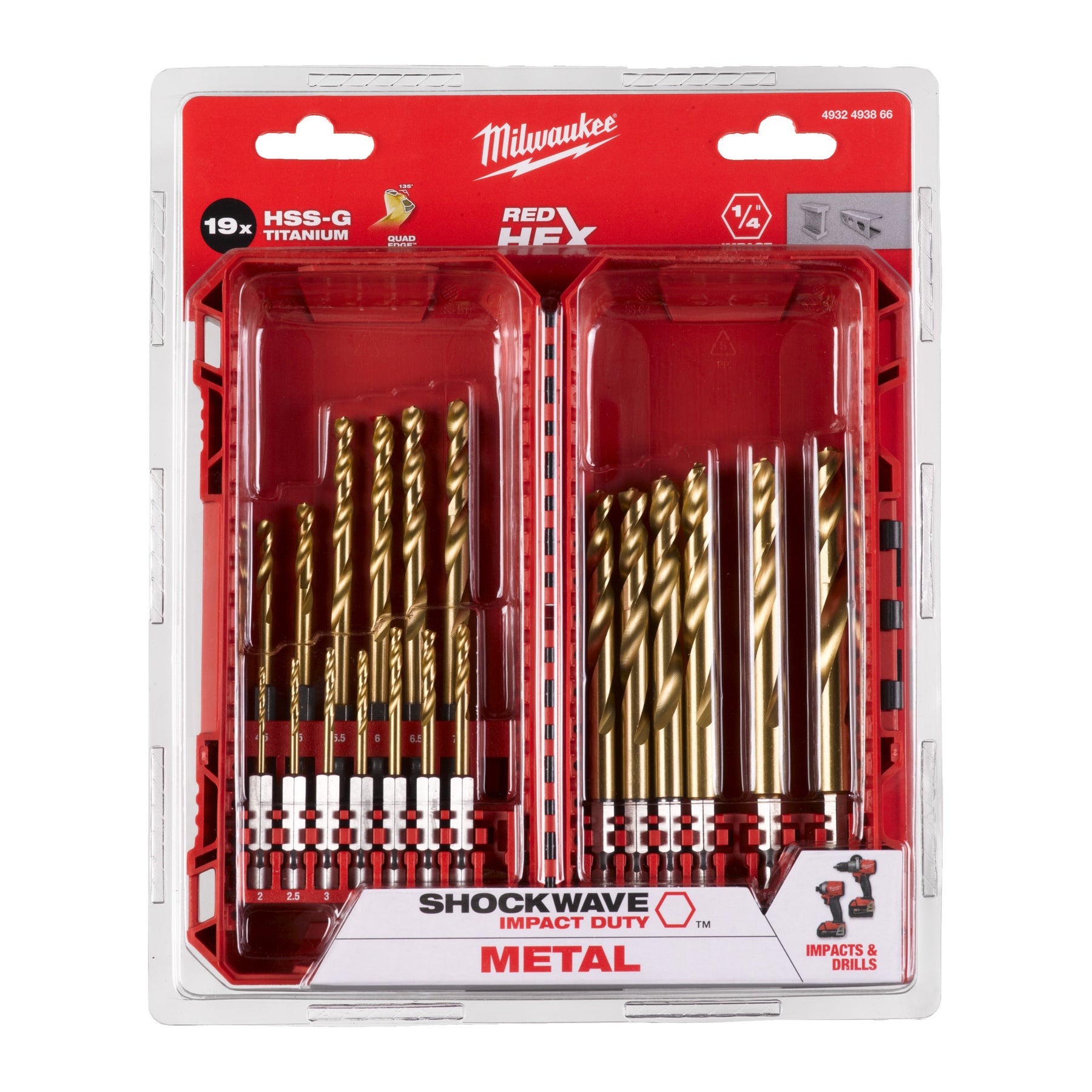 Milwaukee Shockwave HSS-G TiN Red Hex - Coffret de forets métal - 19 pièces