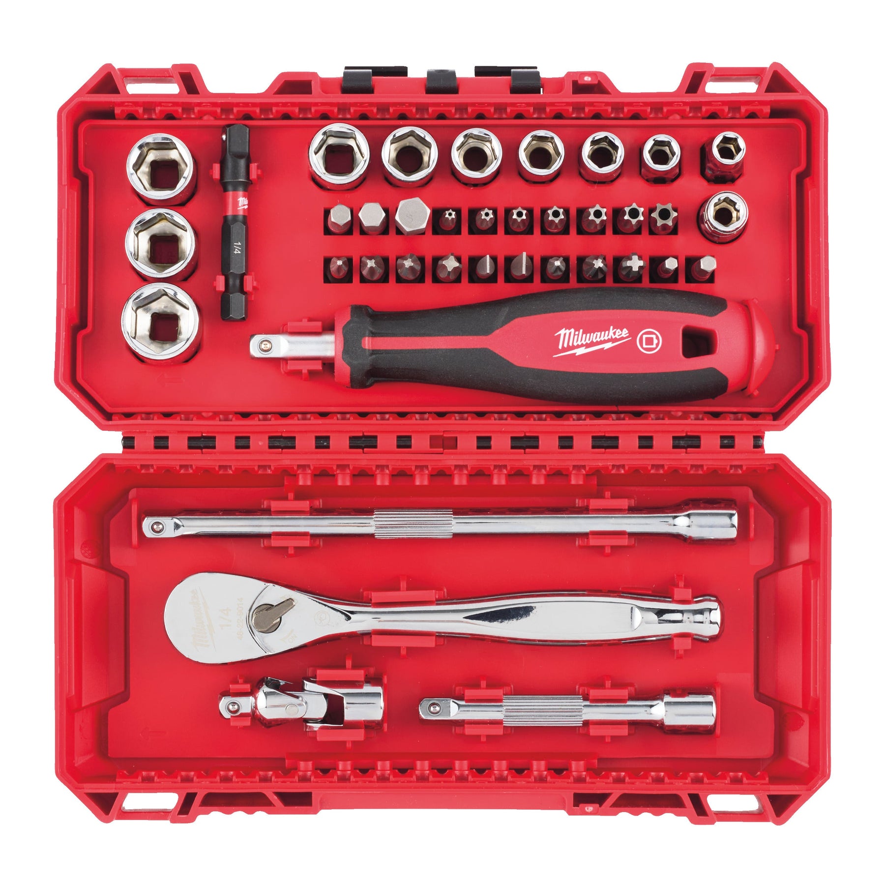 Milwaukee Coffret de douilles et cliquet 1/4" FOUR FLAT (38 pièces) en boîte compatible PACKOUT